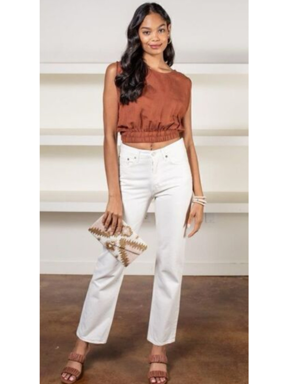 Elan Sleeveless Line Blend Boatneck Cropped Top - Picture 1 of 5